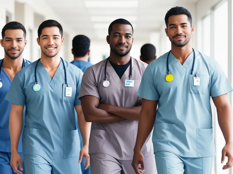 A group of men in scrubs walking down a hallway.
