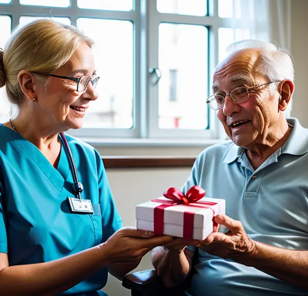 A elderly man is giving a gift to a nurse.