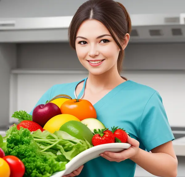 A woman holding a plate of vegetables.