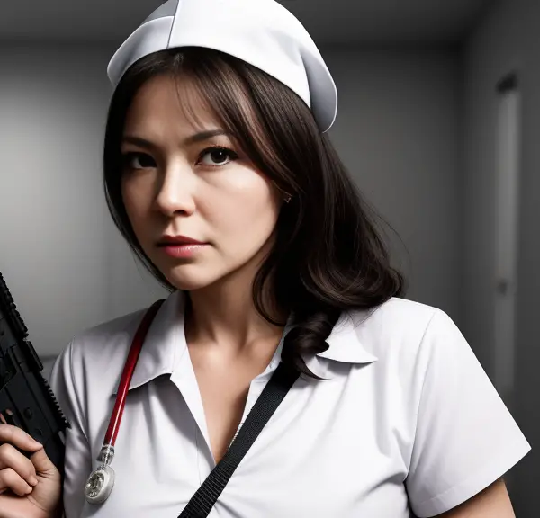 A nurse armed in an empty hallway.