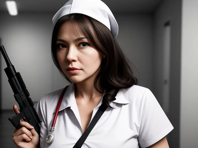 A nurse armed in an empty hallway.