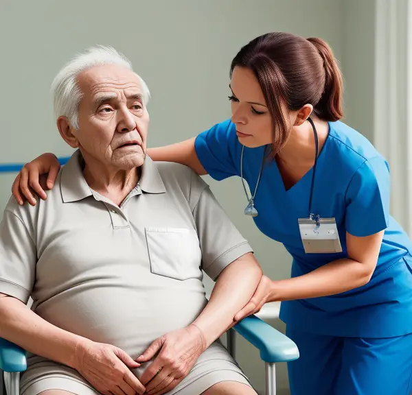 A nurse is talking to an elderly man in a hospital bed.