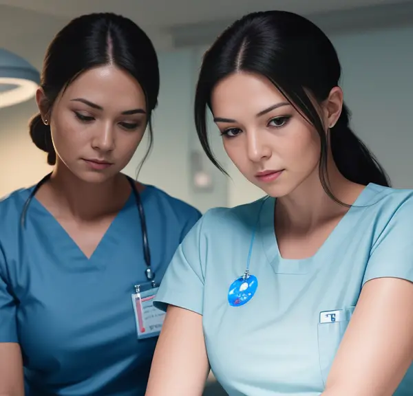 Two nurses in blue scrubs, one in particular looking at a computer during their nursing clinicals at night.