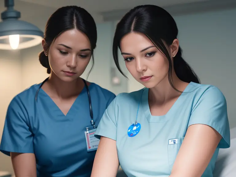 Two nurses in blue scrubs, one in particular looking at a computer during their nursing clinicals at night.