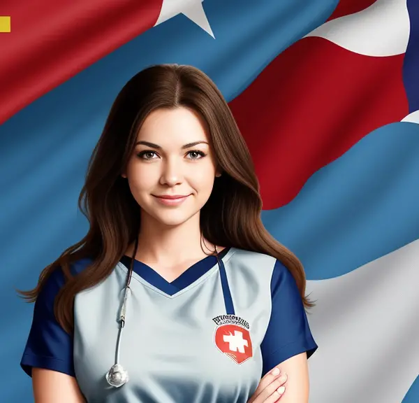A nurse proudly representing Cuba with the flag in the background.