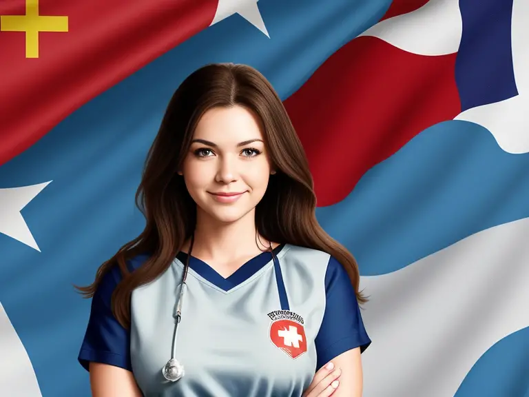 A nurse proudly representing Cuba with the flag in the background.