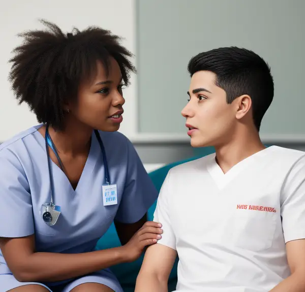 A nurse talking to a patient.