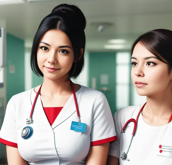 Two female nurses standing next to each other in a hospital, discussing their experiences as graduate nurses without a license.