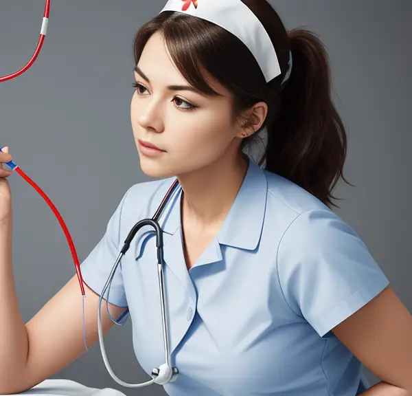 A nurse is holding a stethoscope while placing central lines.