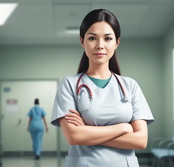 A nurse standing in a hallway with her arms crossed.