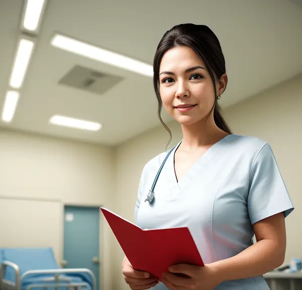A nurse standing in a hospital room holding a notebook, while determining residency requirements.