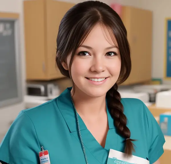 A nurse in a blue uniform standing in a classroom.