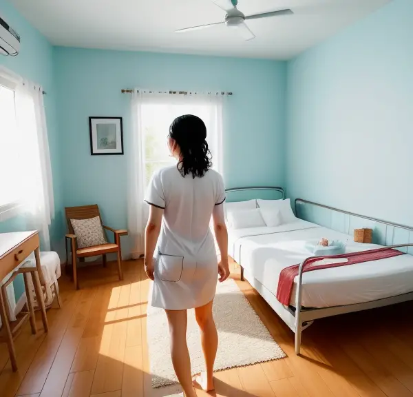 A nurse in a room with two beds, contemplating the use of Airbnb for travel.