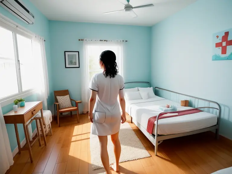 A nurse in a room with two beds, contemplating the use of Airbnb for travel.