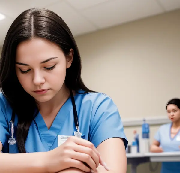 A nurse is writing on a piece of paper in a hospital during clinical experience.