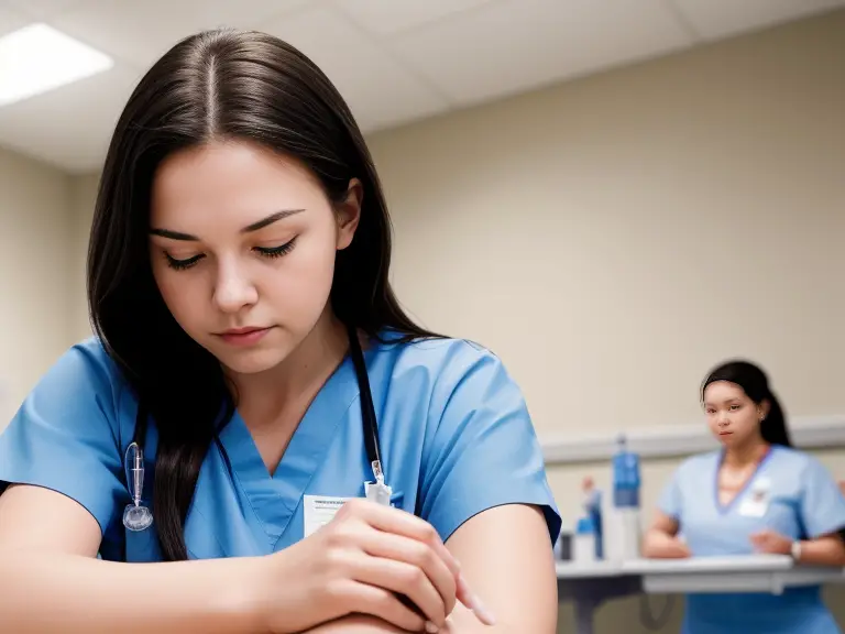 A nurse is writing on a piece of paper in a hospital during clinical experience.