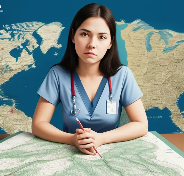 A nurse sits at a table with a map in front of her.