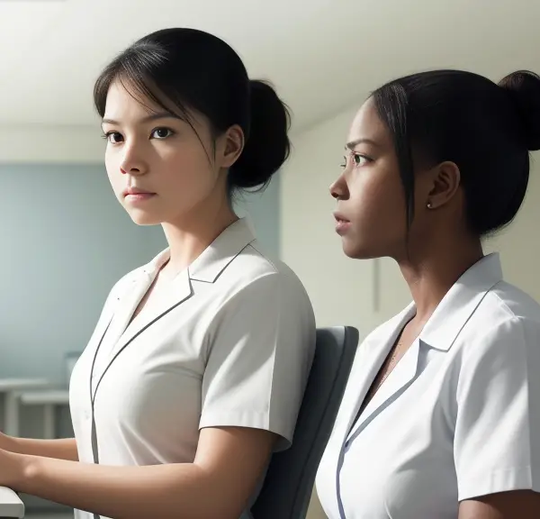 Two women sitting in front of a computer, discussing how to shadow a nurse.