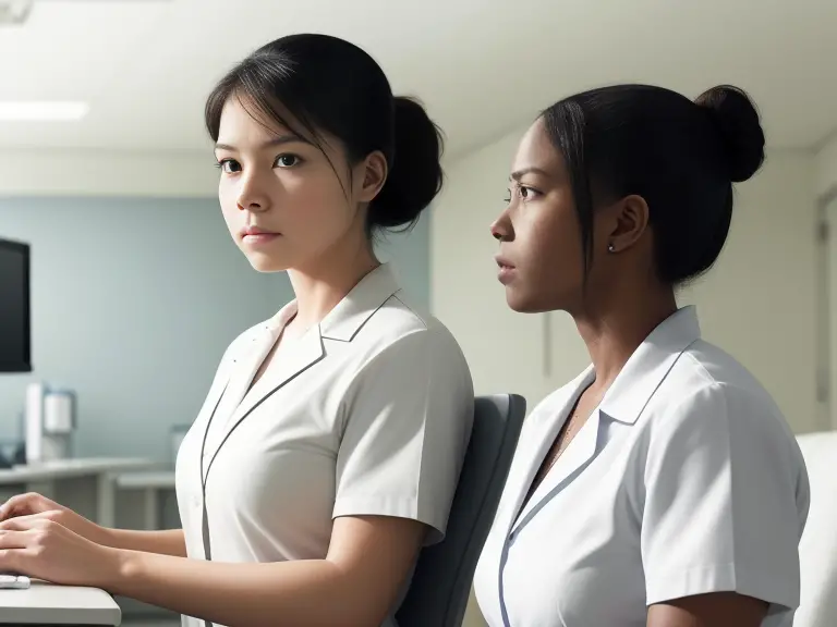 Two women sitting in front of a computer, discussing how to shadow a nurse.