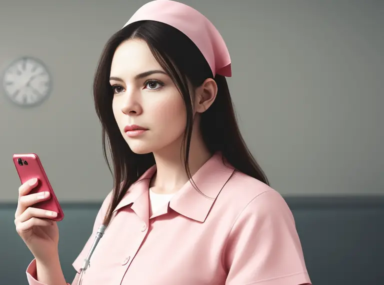A nurse wearing a pink uniform holding a cell phone.