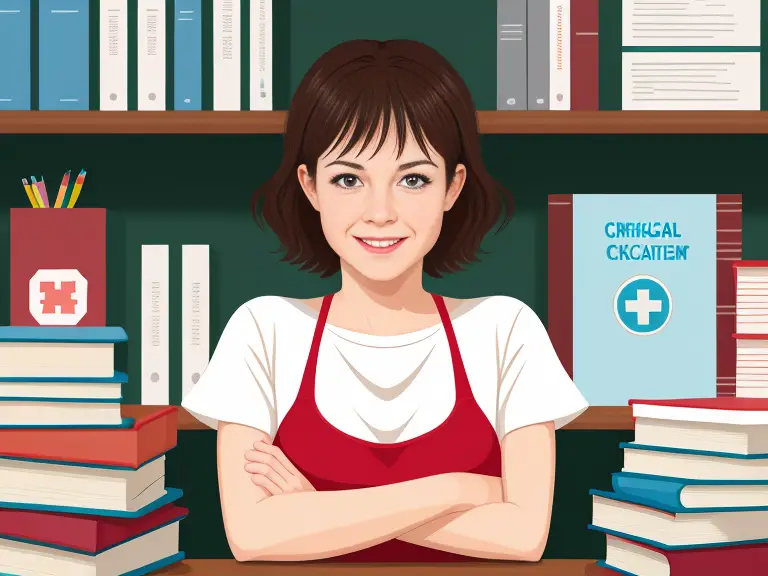 A woman sitting at a desk with books in front of her, studying for the School Nurse Certification Exam.