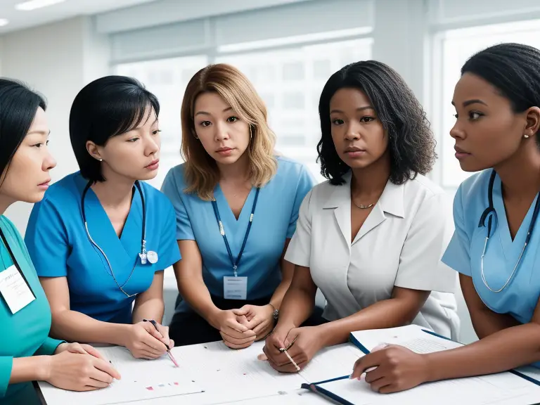 A group of nurses sitting around a table discussing the length of Board of Nursing investigation processes.