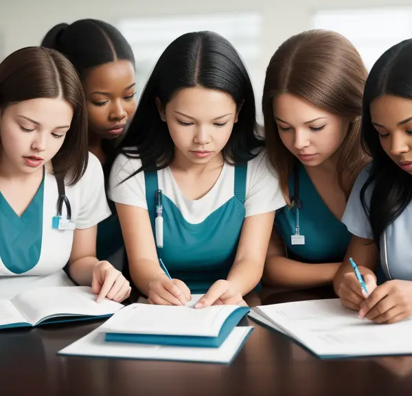 A group of nursing students writing in a notebook discusses how many nursing schools should you apply to.