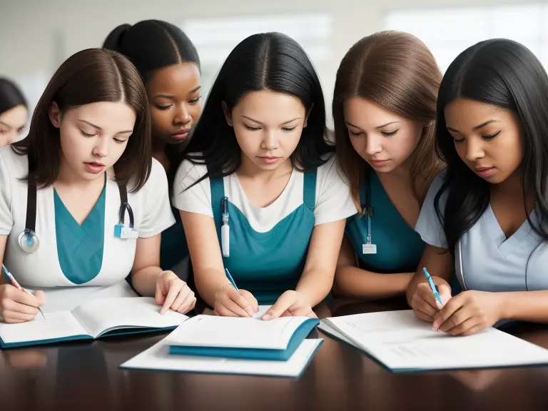 A group of nursing students writing in a notebook discusses how many nursing schools should you apply to.