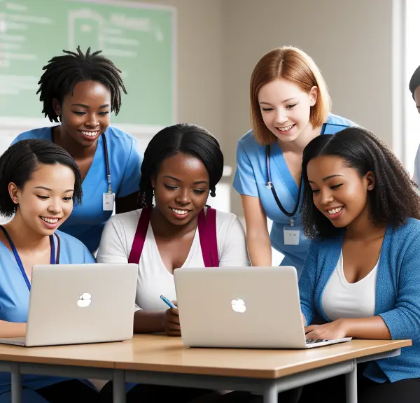 A group of women working on laptops in a classroom, focused and engaged in their studies.