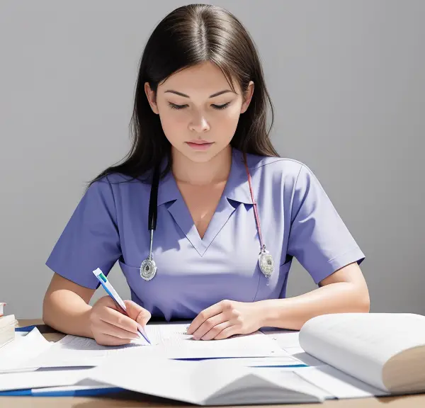A nurse is sitting at a desk and writing on a piece of paper.