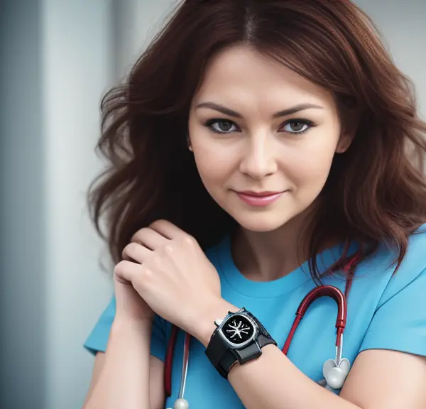 A woman wearing a stethoscope and a nurse watch.