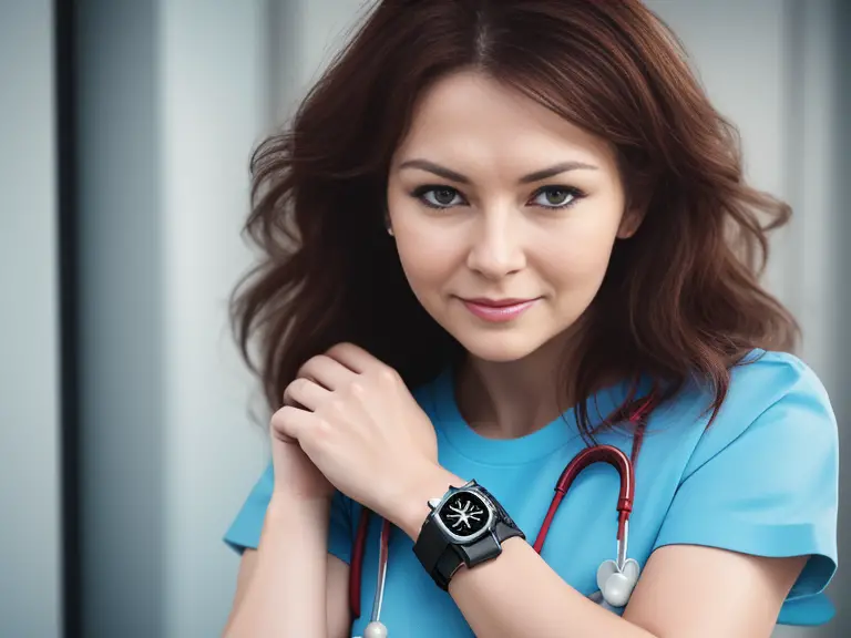 A woman wearing a stethoscope and a nurse watch.