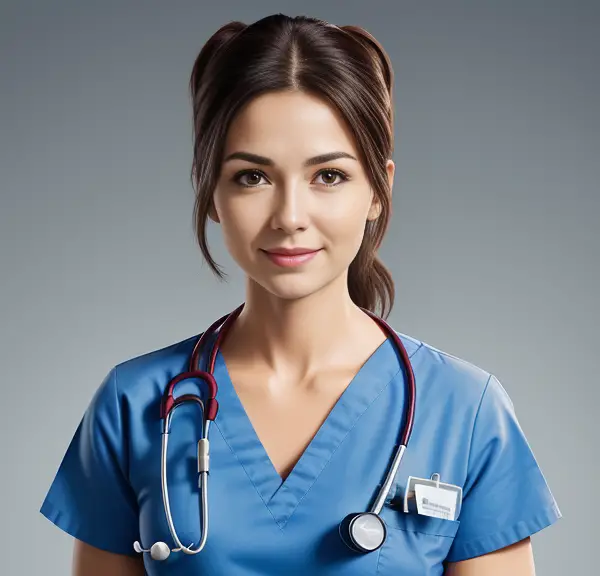 A female nurse in blue scrubs posing with a stethoscope seeks advice to overcome 'do not hire' list as a nurse.
