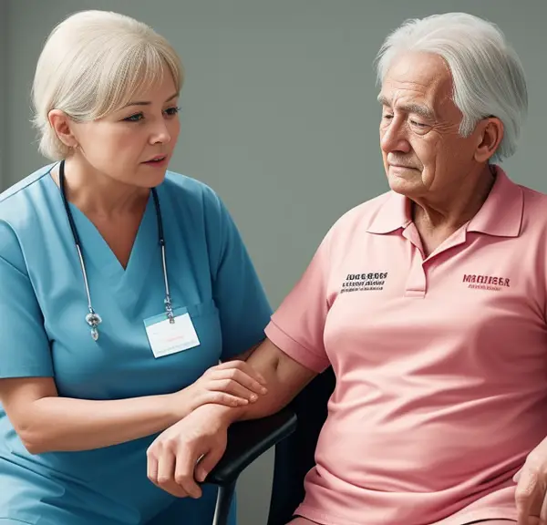 A nurse is empathetically conversing with an elderly man in a wheelchair.