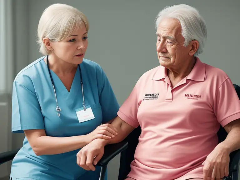 A nurse is empathetically conversing with an elderly man in a wheelchair.