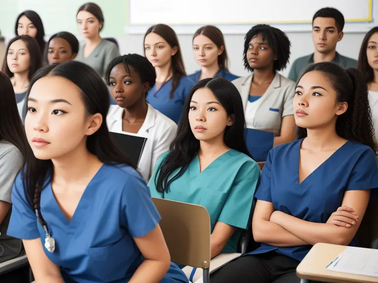 A group of nurses sitting in a classroom, recording nursing school lectures.