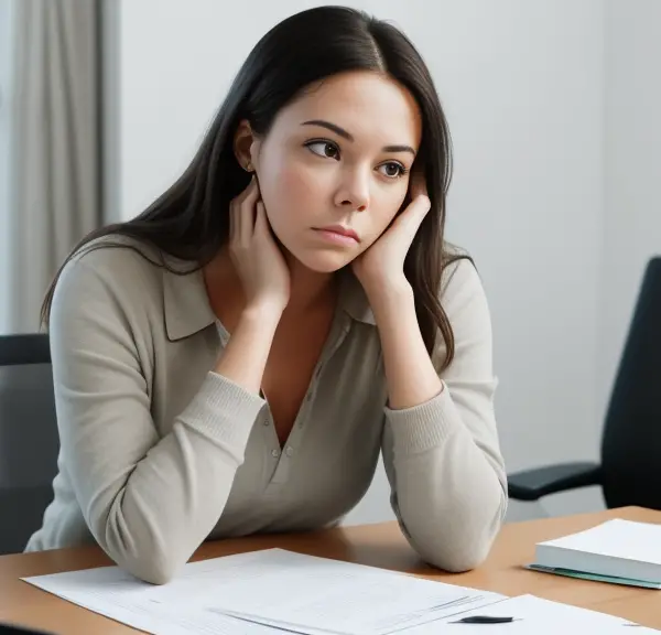 A woman sitting at a desk in an office looking sad.
