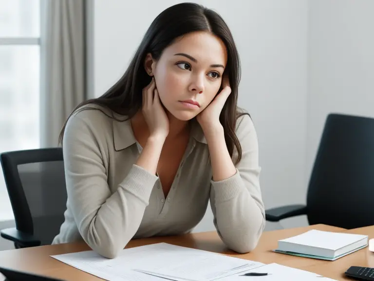 A woman sitting at a desk in an office looking sad.