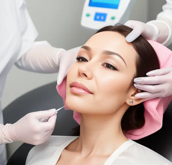 A woman is getting a facial treatment at a cosmetic clinic, considering tipping etiquette for Botox.