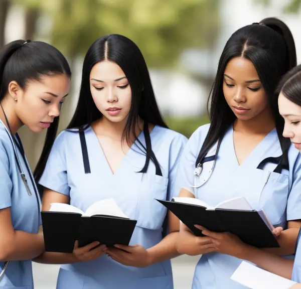 A group of female nursing student studying a book.