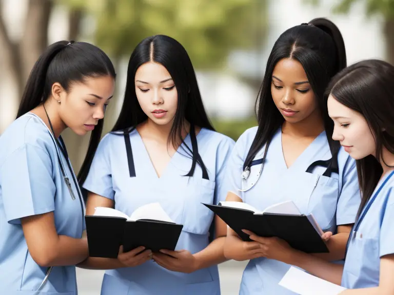 A group of female nursing student studying a book.