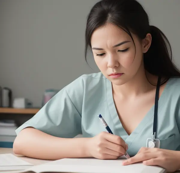 A nurse is writing in a notebook.