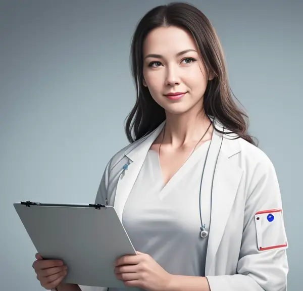 A young female nurse holding a tablet computer.