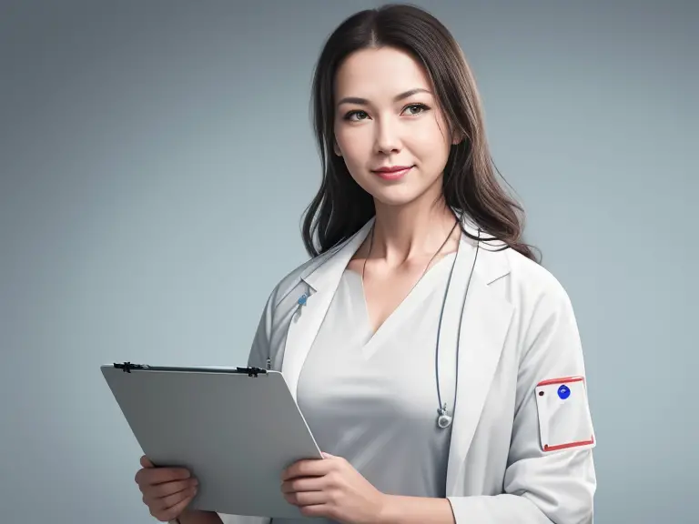 A young female nurse holding a tablet computer.