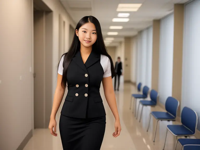A young asian woman in a business suit walking down a hallway for her nursing school orientation.