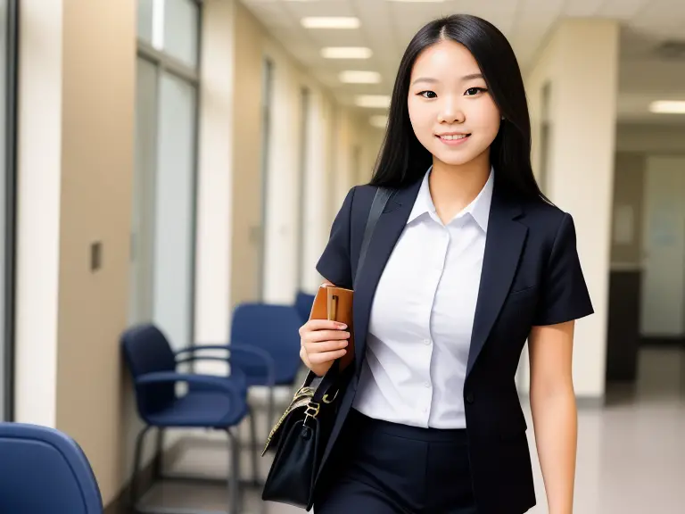 Keywords: Nursing School Orientation, Wear

Modified Description: A young Asian woman dressed in professional attire walking down the hallway towards her nursing school orientation.