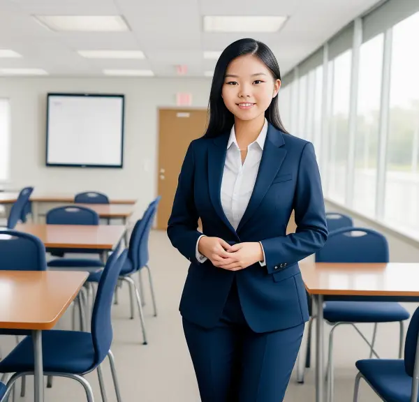 A young asian woman in a business suit attending a nursing school orientation.