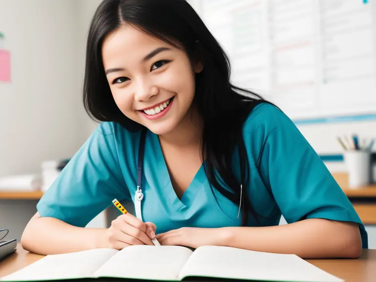 A smiling asian nurse writing in a notebook.
