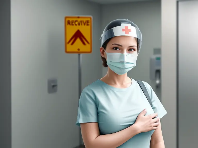 A nurse in a surgical mask standing in an elevator, wondering about the return to work for nurses with C Diff.