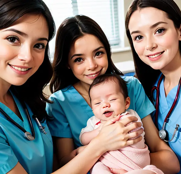 A group of nurses celebrating Pediatric Nurses Week with a baby in their arms.
